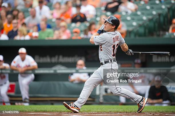 Andy Dirks of the Detroit Tigers bats against the Baltimore Orioles at Oriole Park at Camden Yards on June 2, 2013 in Baltimore, Maryland.