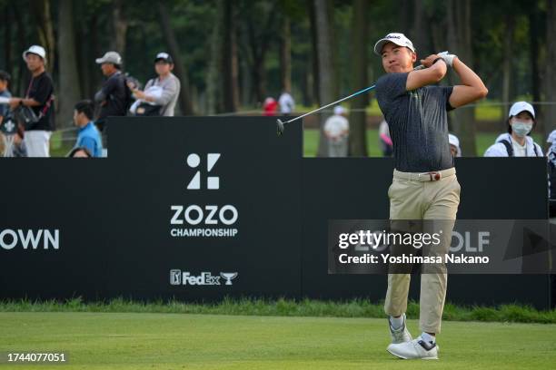 Michael Kim of the United States hits his tee shot on the 8th hole during the first round of ZOZO Championship at Accordia Golf Narashino Country...