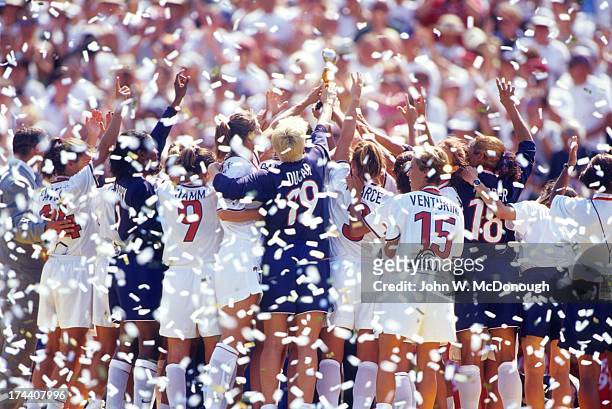 World Cup Final: Overall view of Team USA players victorious on field after winning match vs China at Rose Bowl Stadium. Pasadena, CA 7/10/1999...
