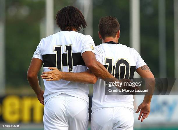 Amauri Carvalho De Oliveira of Parma FC ccelebrates his goal with team-mate Antonio Cassano during the pre-season friendly match between Parma FC and...