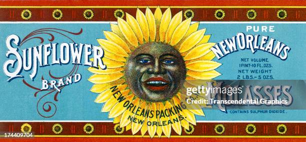 This molasses label with the face of an African-American is produced around 1930 in New Orleans, Louisiana.