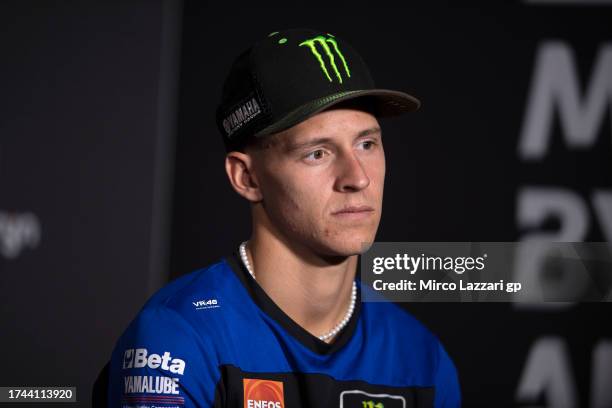 Fabio Quartararo of France and Monster Energy Yamaha MotoGP Team looks on during the press conference pre-event during the 2023 Australian Motorcycle...