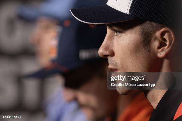 Maverick Vinales of Spain and Aprilia Racing looks on during the press conference pre-event during the 2023 Australian Motorcycle Grand Prix at...