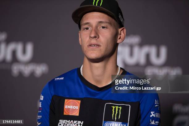Fabio Quartararo of France and Monster Energy Yamaha MotoGP Team looks on during the press conference pre-event during the 2023 Australian Motorcycle...