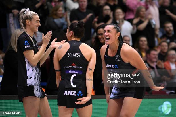 Jane Watson, Whitney Souness and Tiana Metuarau of New Zealand celebrate after winning game three of the Constellation Cup series between New Zealand...