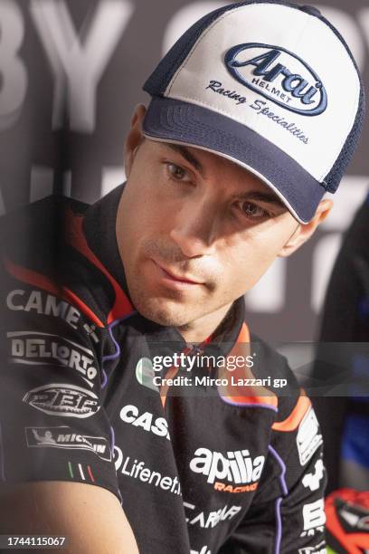 Maverick Vinales of Spain and Aprilia Racing looks on during the press conference pre-event during the 2023 Australian Motorcycle Grand Prix at...