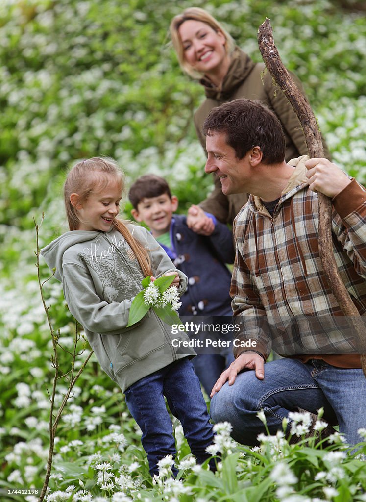 Family in woods picking flowers