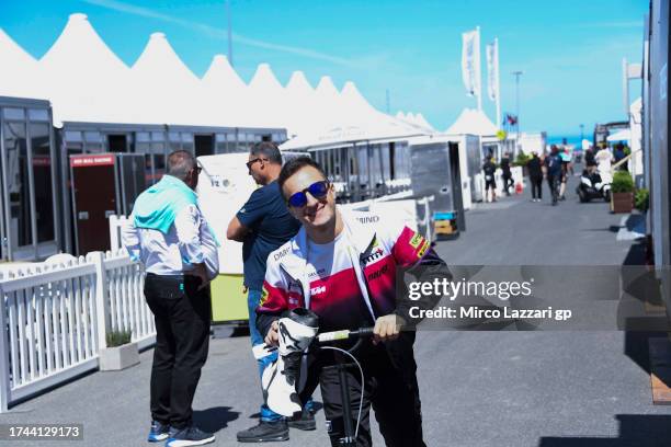 Stefano Nepa of Italy and Angeluss MTA Team smiles in paddock during the 2023 Australian Motorcycle Grand Prix at Phillip Island Grand Prix Circuit...