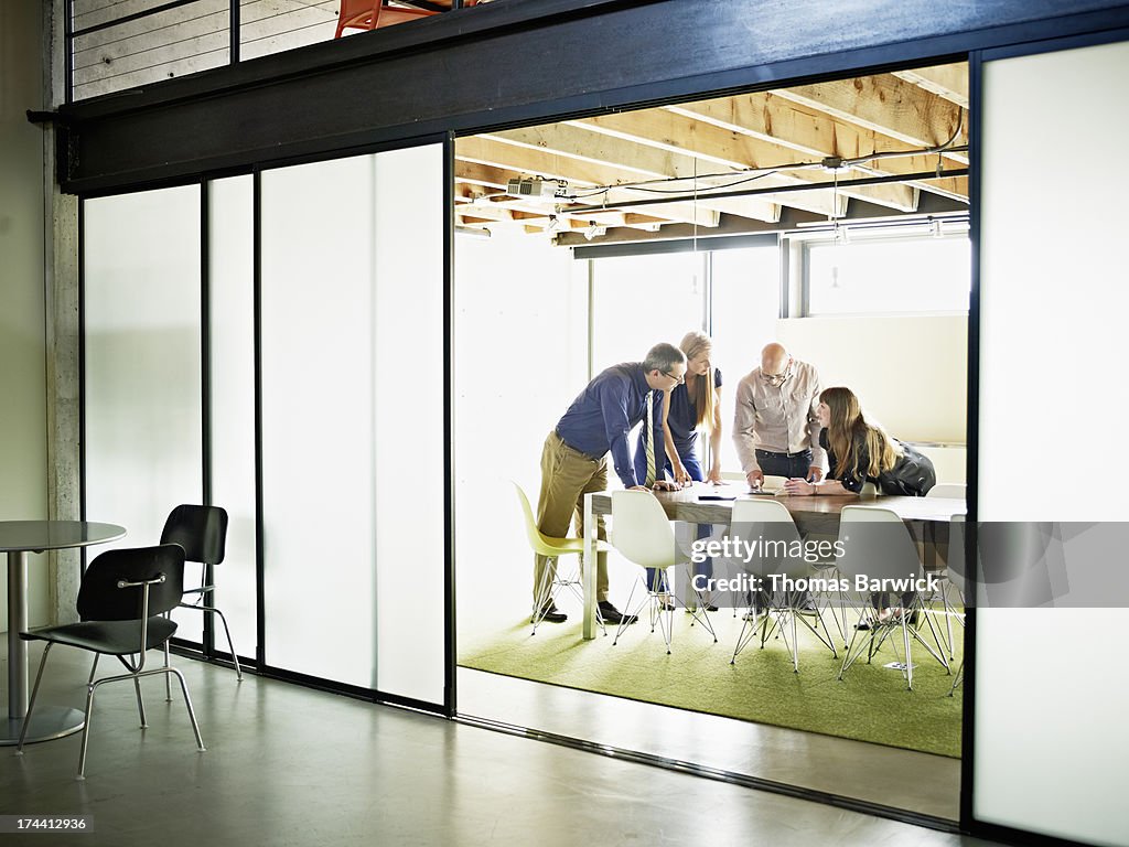 Coworkers in conference room discussing project