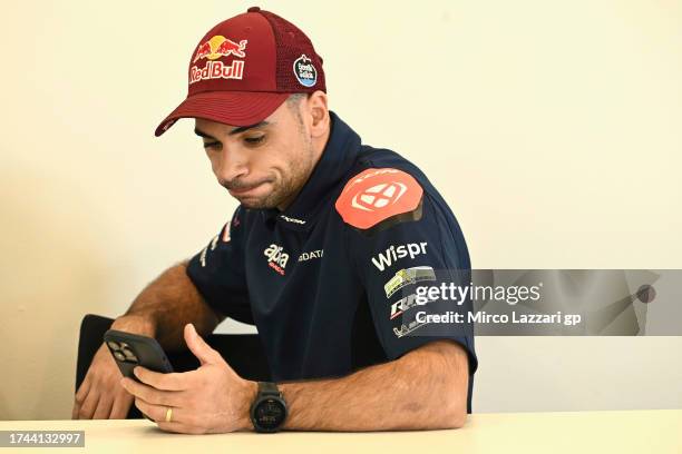 Miguel Oliveira of Portugal and Cryptodata RNF MotoGP Team looks on during the media scrum in media center during the 2023 Australian Motorcycle...