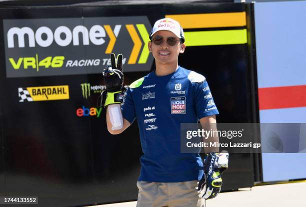 Ayumu Sasaki of Japan and Liqui Moly Husqvarna Intact GP greets in paddock during the 2023 Australian Motorcycle Grand Prix at Phillip Island Grand...