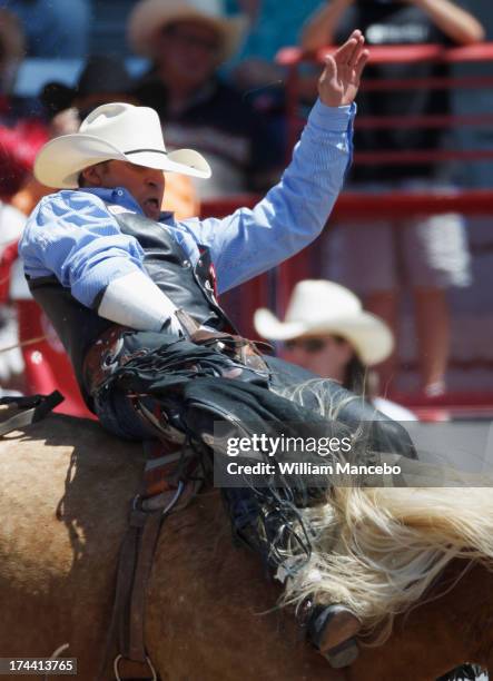 Bareback rider Jessy Davis is seen riding Just Peachy at the 117th annual Frontier Days rodeo and western celebration on July 23, 2013 in Cheyenne,...