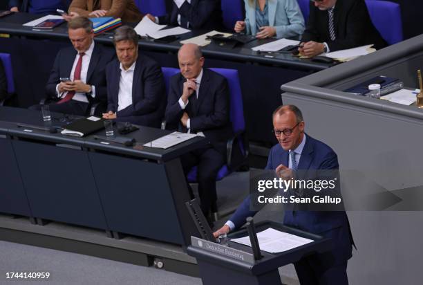 Friedrich Merz, leader of the opposition German Christian Democrats , speaks after Chancellor Olaf Scholz gave a government declaration at the...