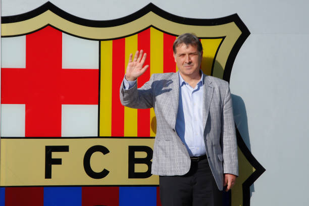 Newly-appointed Barcelona's football coach Gerardo Daniel 'Tata' Martino faces the media during a press conference at the Sant Joan Despi Sports...