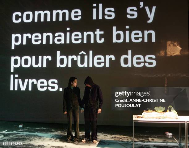 Juanjo de la Jara et Agnes Mateus perform a scene of "Approche de l'idée de méfiance" by Rodrigo Garcia, 21 July 2007 in Avignon during the 61st...