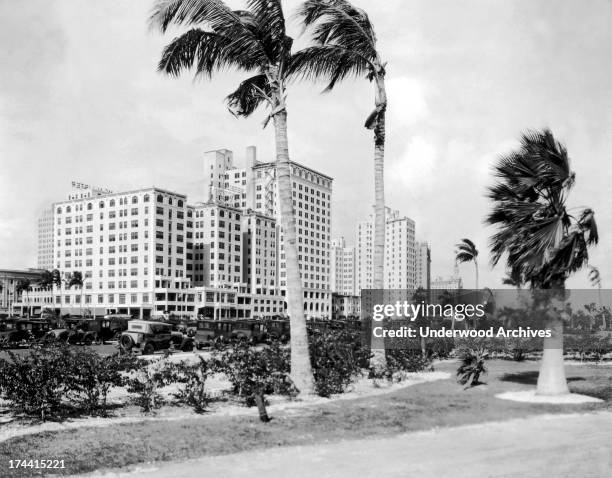 Looking northwest from Bayfront Park to Biscayne Bouleveard at Flagler Street in Miami with the McAllister Hotel at left front, Miami, Florida, 1925.