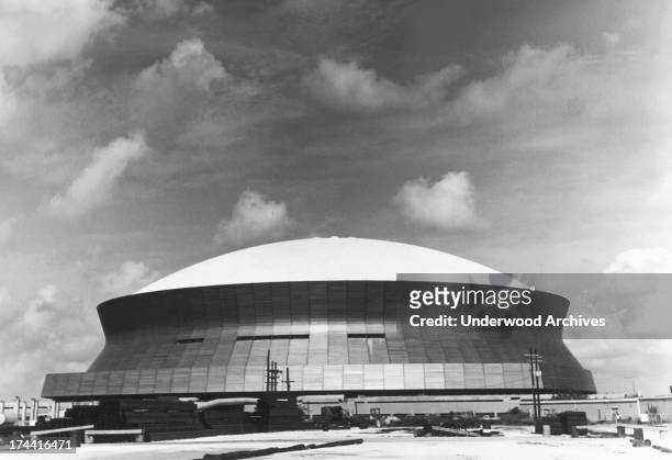 Exterior view of the Superdome stadium in New Orleans as it neared completion, New Orleans, Louisiana, 1975.