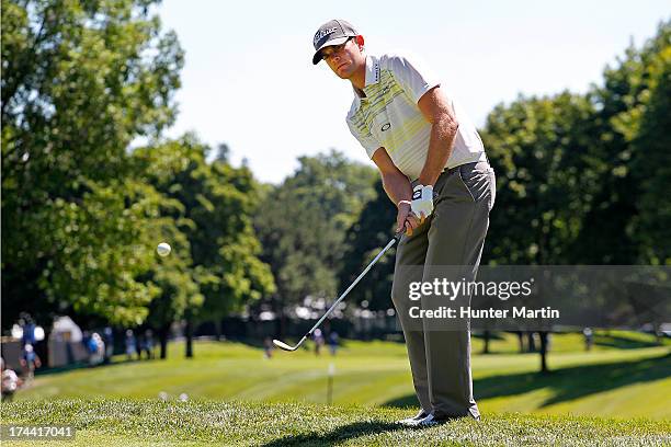 Brendan Steele of the United States hits his third shot on the ninth hole during round one of the RBC Canadian Open at Glen Abby Golf Club on July...