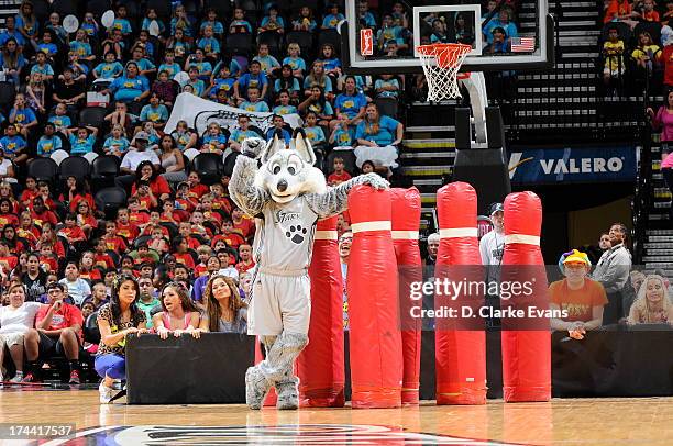 July 25: The Fox, the San Antonio Silver Stars mascot, poses with bowling pins during the game between the New York Liberty and the San Antonio...