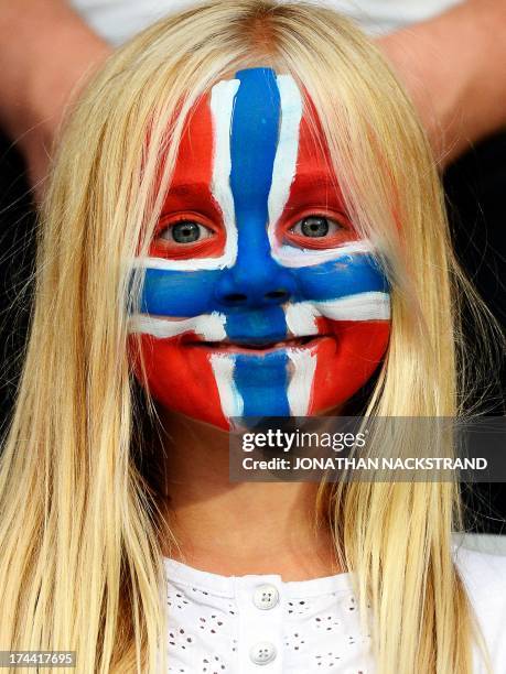 Norwegian football supporter smiles prior to the UEFA Women's European Championship Euro 2013 semi final football match Norway vs Denmark on July 25,...