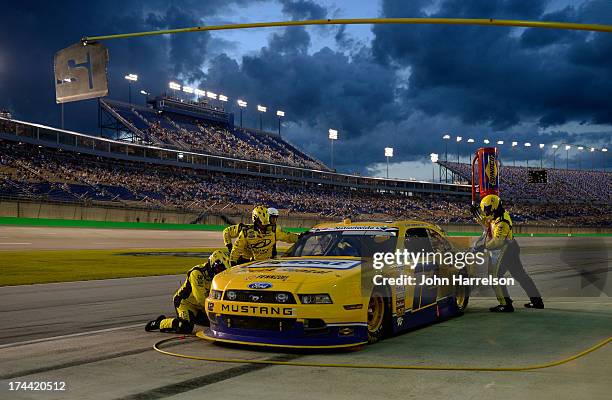 Sam Hornish Jr., driver of the Penske Truck Rental Ford, pits during the NASCAR Nationwide Series Feed The Children 300 at Kentucky Speedway on June...