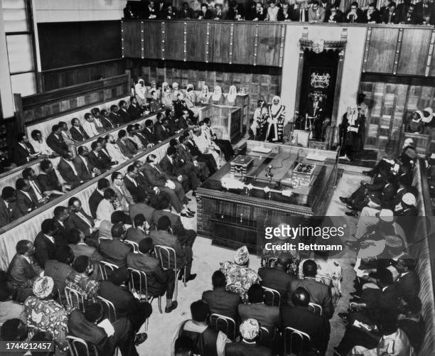 President Jomo Kenyatta speaking at the opening of the National Assembly in Kenya, December 14th 1964. Kenya became a republic on December 12th. .
