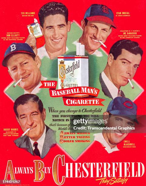 Chesterfield cigarettes hires baseball players to advertise their products in a magazine ad from around 1950, produced in Durham, North Carolina. The...