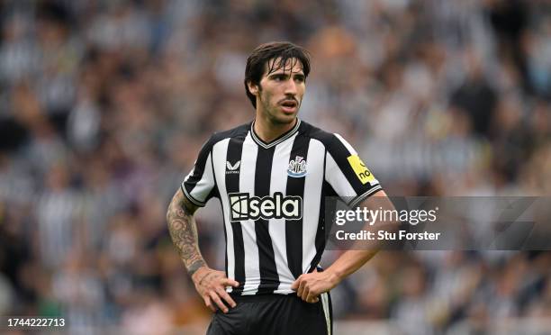 Sandro Tonali of Newcastle United looks on during the Premier League match between Newcastle United and Aston Villa at St. James Park on August 12,...