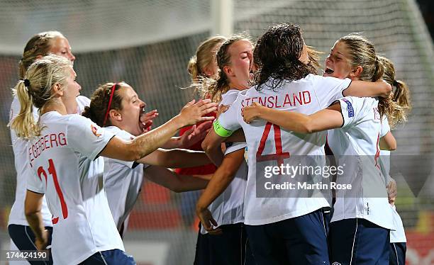 Team members of Norway celebrate after winning the UEFA Women's Euro 2013 semi final match between Norway and Denmark at Nya Parken on July 25, 2013...