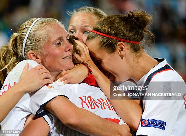 Norway's players celebrate after winning the penalty shootout of the UEFA Women's European Championship Euro 2013 semi final football match Norway vs...