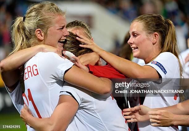 Norway's players celebrate after winning the penalty shootout of the UEFA Women's European Championship Euro 2013 semi final football match Norway vs...