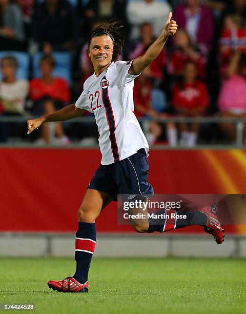 Cathrine Dekkerhus of Norway celebrates during the UEFA Women's Euro 2013 semi final match between Norway and Denmark at Nya Parken on July 25, 2013...