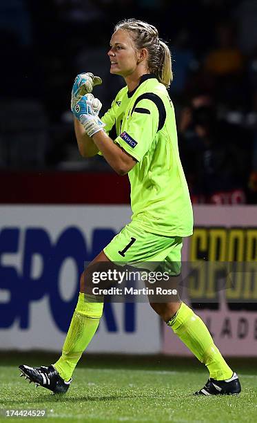 Ingrid Hjelmseth, goalkeeper of Norway celebrates with after winning the UEFA Women's Euro 2013 semi final match between Norway and Denmark at Nya...