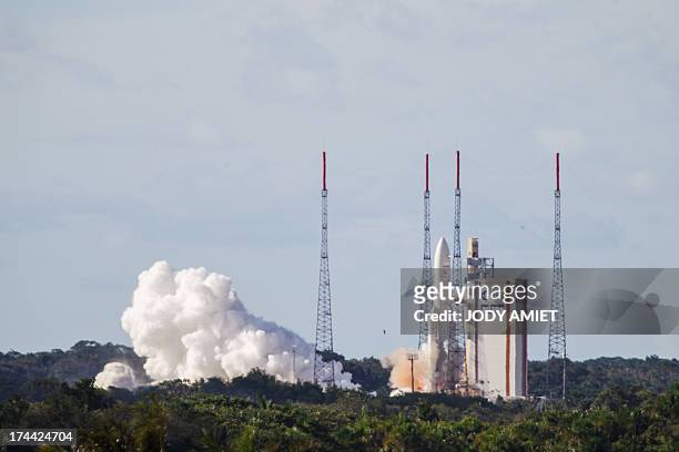 An Ariane 5 rocket takes off at the French and European spaceport Guiana Space Centre, near Kourou in French Guiana, on July 25, 2013. The rocket...