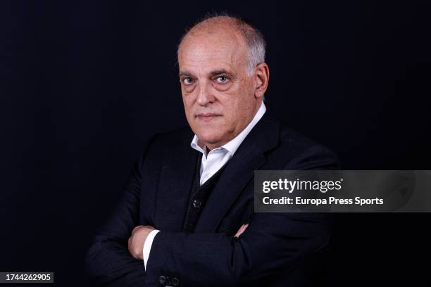 Javier Tebas, President of LaLiga, poses for portrait during the Europa Press Sports Breakfast dedicated to Piracy in Sports held at the Hyatt...