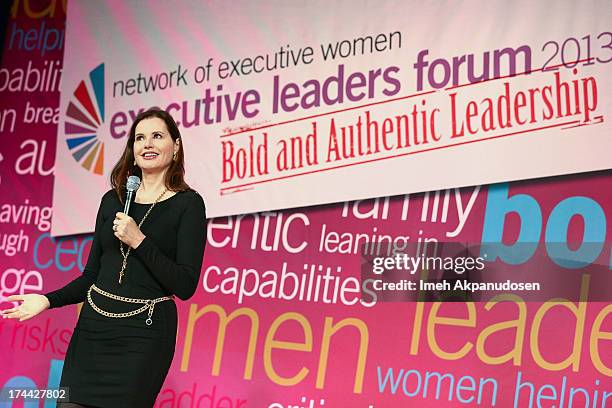 Actress Geena Davis speaks onstage during the 2013 NEW Executive Leaders Forum at Terranea Resort on July 25, 2013 in Rancho Palos Verdes, California.