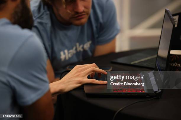 Attendees take part in a hackathon on the opening day of the European Blockchain Convention at the Fira de Barcelona in Barcelona, Spain, on...