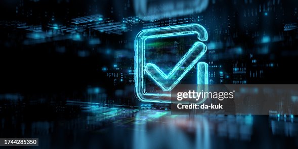 Digital check mark icon hologram on future tech background. Productivity and rating evolution. Futuristic checkmark icon in world of technological progress and innovation. CGI 3D render Digital check mark icon hologram on future tech background. Productivity and rating evolution. Futuristic checkmark icon in world of technological progress and innovation. CGI 3D render