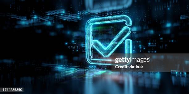 digital check mark icon hologram on future tech background. productivity and rating evolution. futuristic checkmark icon in world of technological progress and innovation. cgi 3d render - controlo de qualidade imagens e fotografias de stock