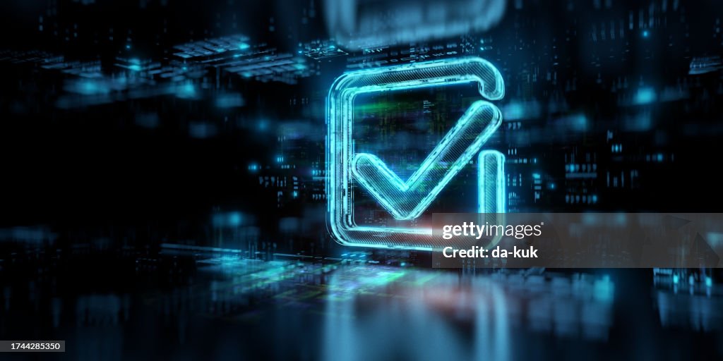 Digital check mark icon hologram on future tech background. Productivity and rating evolution. Futuristic checkmark icon in world of technological progress and innovation. CGI 3D render