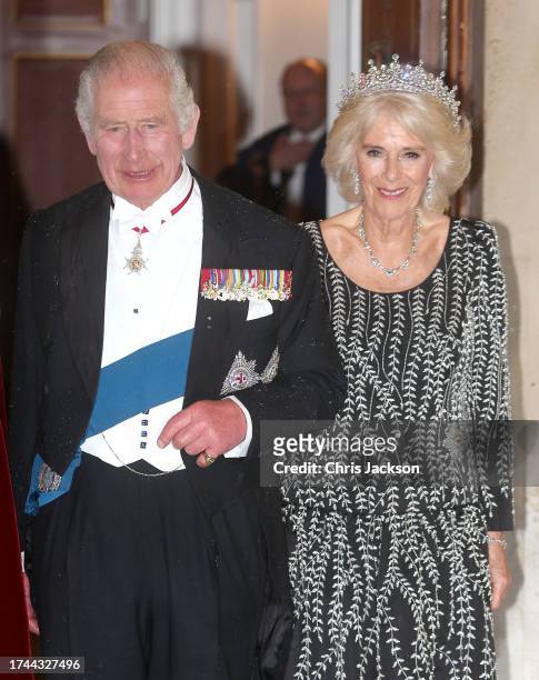 Queen Camilla and King Charles III arrive at a reception and dinner in honour of their Coronation on October 18, 2023 at Mansion House in London,...