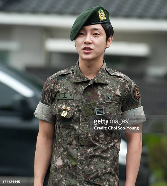 Yoon-Hak of Supernova is seen after being discharged from the military service on July 24, 2013 in Yongin, South Korea.