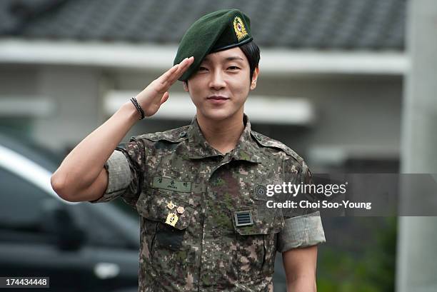 Yoon-Hak of Supernova is seen after being discharged from the military service on July 24, 2013 in Yongin, South Korea.