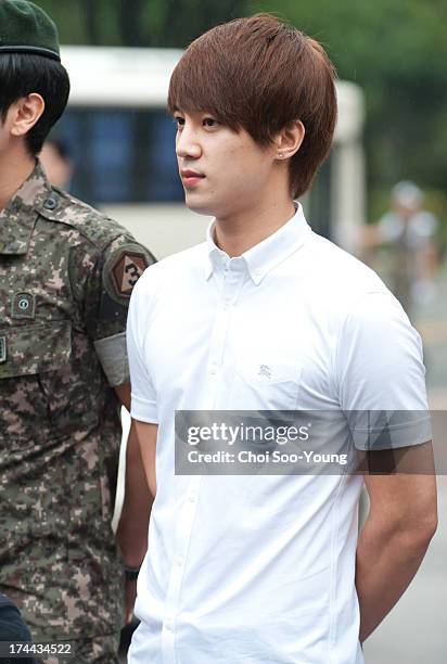 The members of Supernova congratulate Yoon-Hak on being discharged from the Military Service on July 24, 2013 in Yongin, South Korea.