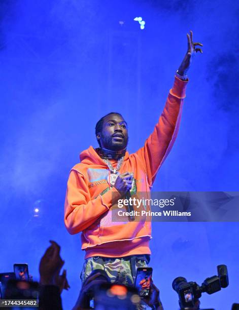 Meek Mill performs during Clark Atlanta University Homecoming Concert at Clark Atlanta University Panther Stadium on October 18, 2023 in Atlanta,...