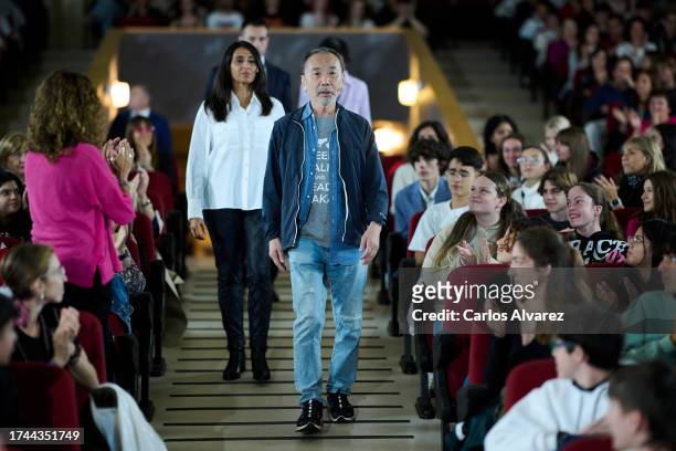 Japanese author Haruki Murakami attends a meeting with students during the Princesa de Asturias Awards 2023 at the Carreño Miranda de Avilés High...