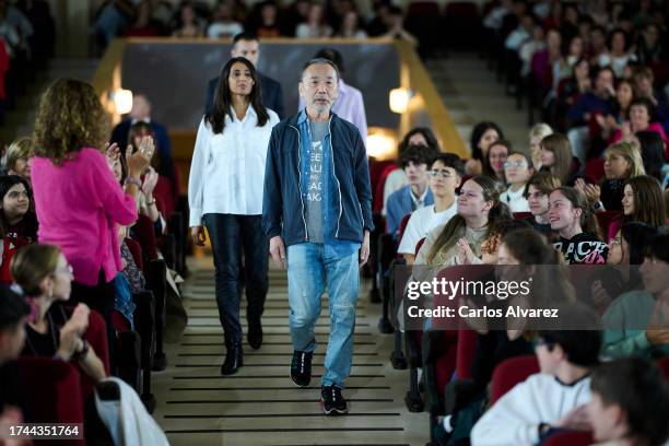 Japanese author Haruki Murakami attends a meeting with students during the Princesa de Asturias Awards 2023 at the Carreño Miranda de Avilés High...