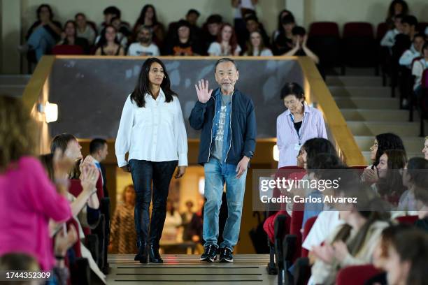 Japanese author Haruki Murakami attends a meeting with students during the Princesa de Asturias Awards 2023 at the Carreño Miranda de Avilés High...