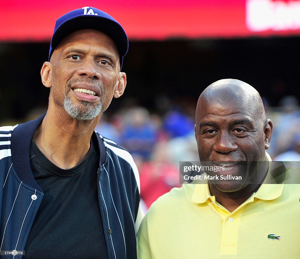 Magic Johnson And Kareem Abdul Jabbar Attend Los Angeles Dodgers Game