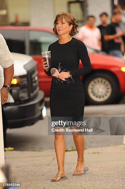 Actress Jennifer Aniston is seen on the set of "Squirrels to the Nuts" on July 25, 2013 in New York City.